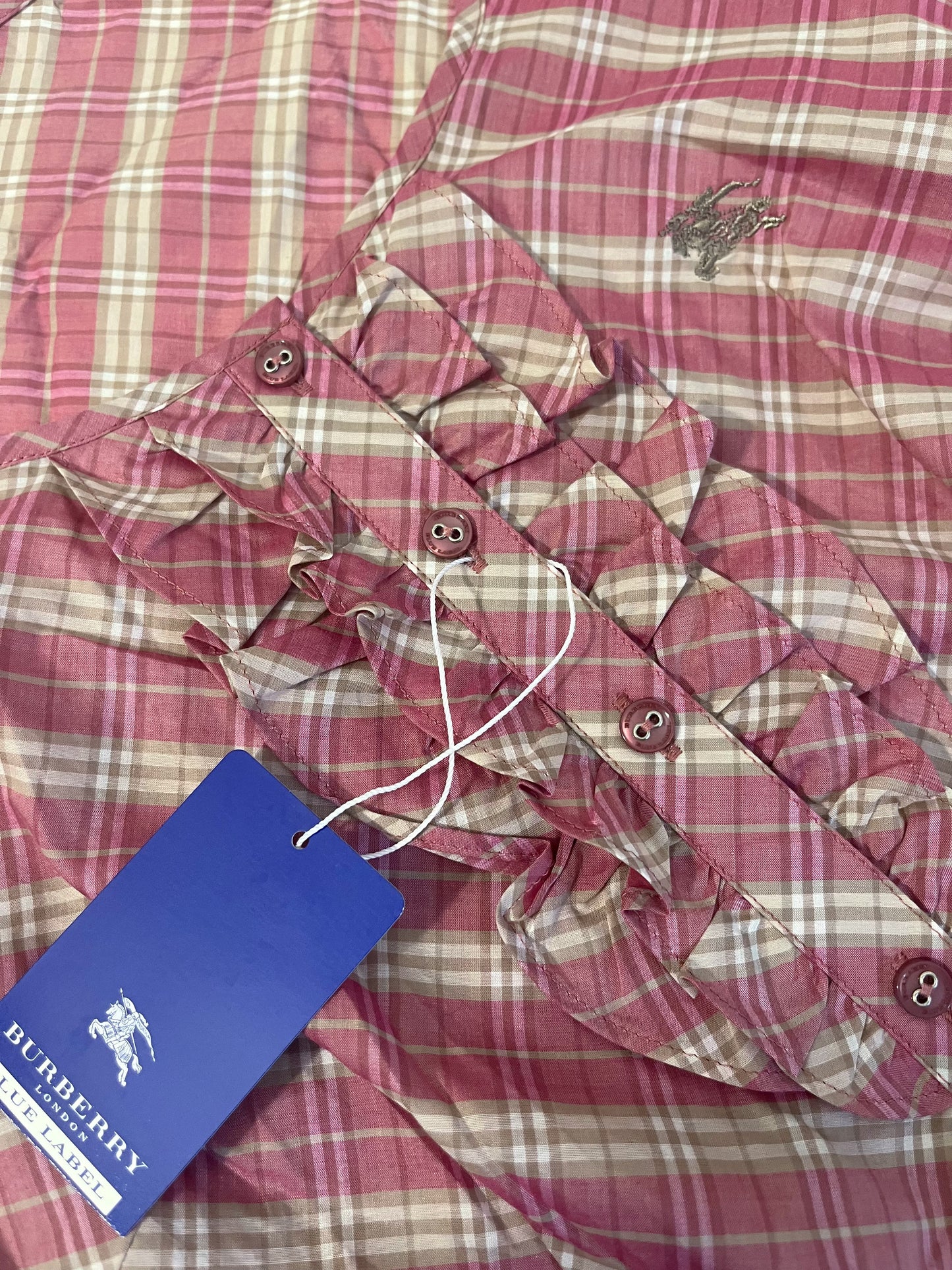 Brand New Burberry Blue Label Pink & white plaid babydoll top with ruffles