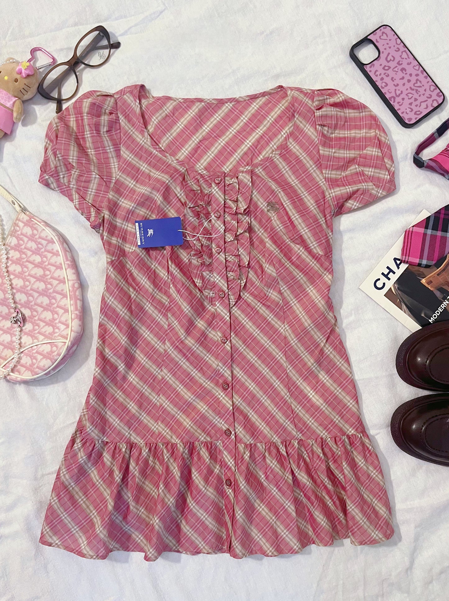 Brand New Burberry Blue Label Pink & white plaid babydoll top with ruffles