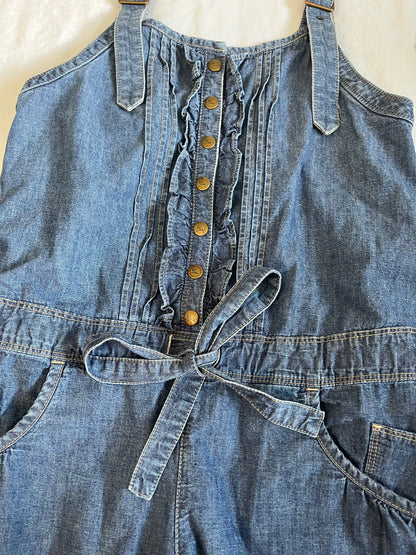 Blue denim romper with ruffles and frills