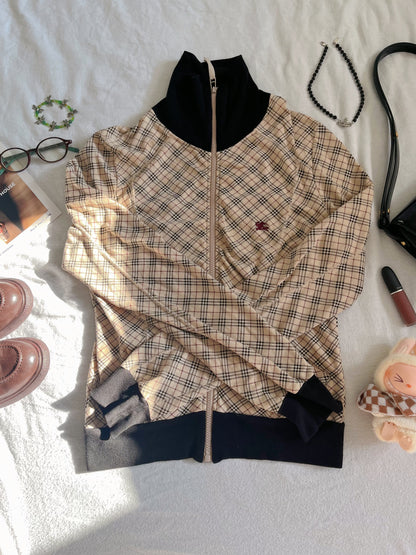 Burberry blue label multi -colored checkered long sleeve zip-up jacket
